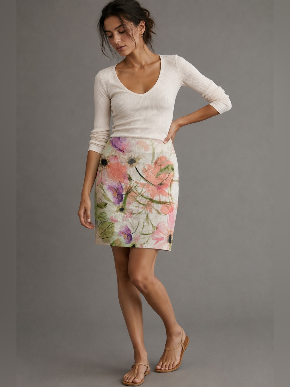 PAUW Amsterdam Size 2 Floral Ramie Pencil Skirt Watercolor 100% Ramie Lined